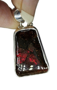 Red Orange Ammolite Pendant, Sterling Silver, Rectangle Shaped, Opal like Gemstone