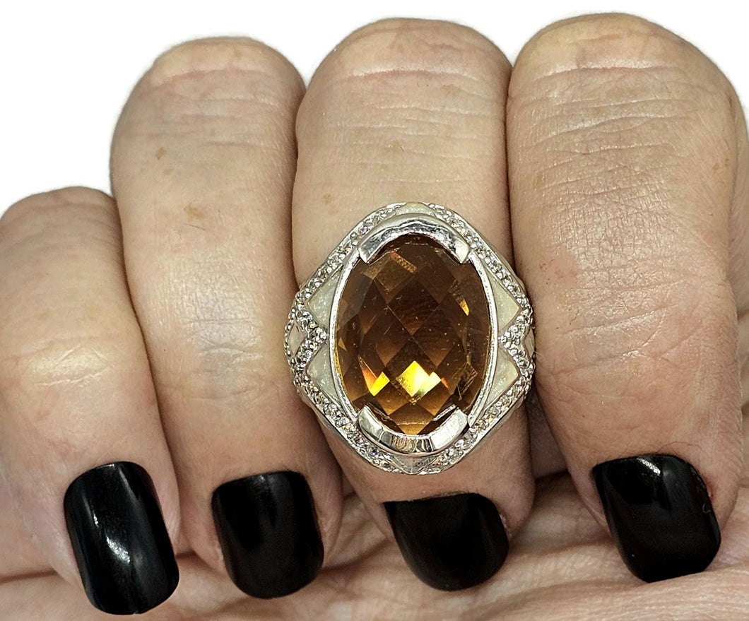 Citrine, White Zircon & Enamel Ring, Size 7, Sterling Silver, November Birthstone