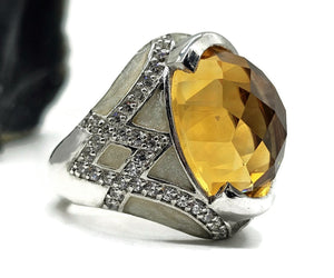 Citrine, White Zircon & Enamel Ring, Size 7, Sterling Silver, November Birthstone