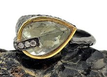 Load image into Gallery viewer, Black &amp; Gold, Green Amethyst Ring, Size R, Sterling Silver, Prasiolite Ring, Two tone