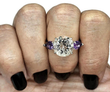 Load image into Gallery viewer, Quartz Crystal &amp; Amethyst Ring, size R 1/2, Trilogy Ring, Sterling Silver, Round and Pear