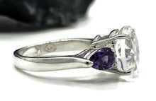 Load image into Gallery viewer, Quartz Crystal &amp; Amethyst Ring, size R 1/2, Trilogy Ring, Sterling Silver, Round and Pear