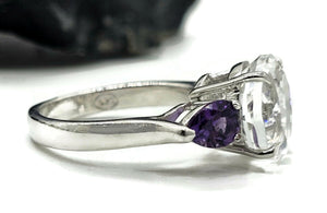 Quartz Crystal & Amethyst Ring, size R 1/2, Trilogy Ring, Sterling Silver, Round and Pear