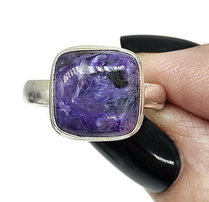 Charoite Ring, Sterling Silver, Size R 1/2, Square Shape, Swirls of Violet, Lavender & Purple