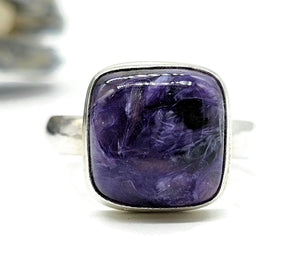 Charoite Ring, Sterling Silver, Size R 1/2, Square Shape, Swirls of Violet, Lavender & Purple