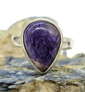 Charoite Ring, Size S, Pear Shaped, Swirls of Violet, Lavender & Purple, Dream Stone