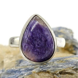 Charoite Ring, Size S, Pear Shaped, Swirls of Violet, Lavender & Purple, Dream Stone