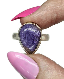 Charoite Ring, Size S, Pear Shaped, Swirls of Violet, Lavender & Purple, Dream Stone