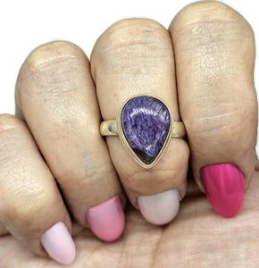 Charoite Ring, Size S, Pear Shaped, Swirls of Violet, Lavender & Purple, Dream Stone