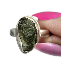 Load image into Gallery viewer, Moldavite Ring, Size O, Sterling Silver, Tektite, Meteorite Stone, Forest green / Olive green