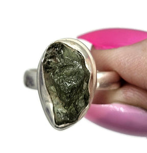 Moldavite Ring, Size O, Sterling Silver, Tektite, Meteorite Stone, Forest green / Olive green