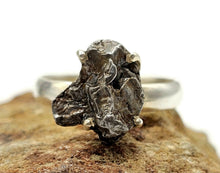 Load image into Gallery viewer, Raw Meteorite Ring, Size O, Sterling Silver, Metallic Grey Gem, 4 prong, Campo del Cielo