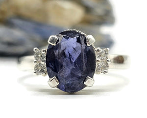 2.4 carat Iolite & White Zircon Ring, Size Q, Sterling Silver, Water Sapphire, Blue Violet