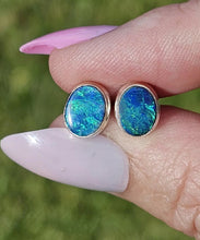 Load image into Gallery viewer, Australian Opal Studs, October Birthstone, Sterling Silver, Blue Green Opal Doublets