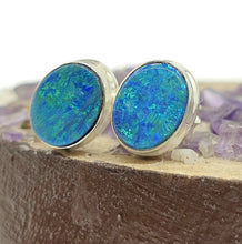 Load image into Gallery viewer, Australian Opal Studs, October Birthstone, Sterling Silver, Blue Green Opal Doublets