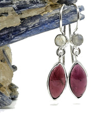 Load image into Gallery viewer, Garnet and Rainbow Moonstone Earrings, Sterling Silver, January Birthstone, Double Drops