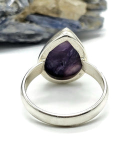 Charoite Ring, Size S, Pear Shaped, Swirls of Violet, Lavender & Purple, Dream Stone