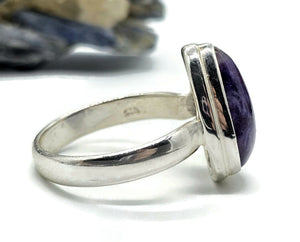 Charoite Ring, Size S, Pear Shaped, Swirls of Violet, Lavender & Purple, Dream Stone