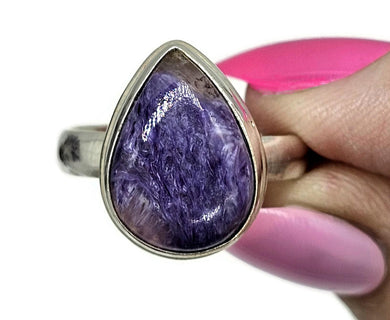 Charoite Ring, Size S, Pear Shaped, Swirls of Violet, Lavender & Purple, Dream Stone