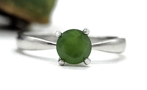 Jade Solitaire Ring, Size Q, Sterling Silver, 2 carats, British Columbia Nephrite Jade