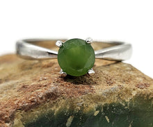 Load image into Gallery viewer, Jade Solitaire Ring, Size Q, Sterling Silver, 2 carats, British Columbia Nephrite Jade