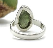 Load image into Gallery viewer, Moldavite Ring, Size O, Sterling Silver, Tektite, Meteorite Stone, Forest green / Olive green