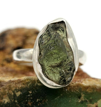 Load image into Gallery viewer, Moldavite Ring, Size O, Sterling Silver, Tektite, Meteorite Stone, Forest green / Olive green