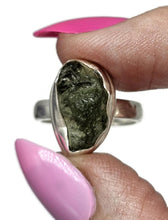 Load image into Gallery viewer, Moldavite Ring, Size O, Sterling Silver, Tektite, Meteorite Stone, Forest green / Olive green