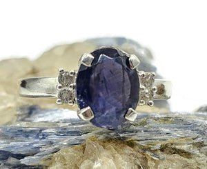 2.4 carat Iolite & White Zircon Ring, Size Q, Sterling Silver, Water Sapphire, Blue Violet