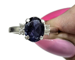 2.4 carat Iolite & White Zircon Ring, Size Q, Sterling Silver, Water Sapphire, Blue Violet