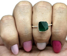 Load image into Gallery viewer, Rough Green Onyx Ring, Size Q, Sterling Silver, Hammered Band, Mix of Chalcedony