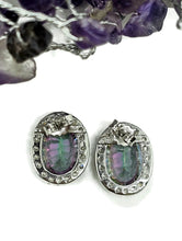 Load image into Gallery viewer, Mystic Topaz Halo Studs, Oval Faceted, Sterling Silver, Purple / Green Gemstone