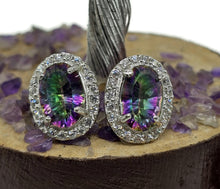 Load image into Gallery viewer, Mystic Topaz Halo Studs, Oval Faceted, Sterling Silver, Purple / Green Gemstone