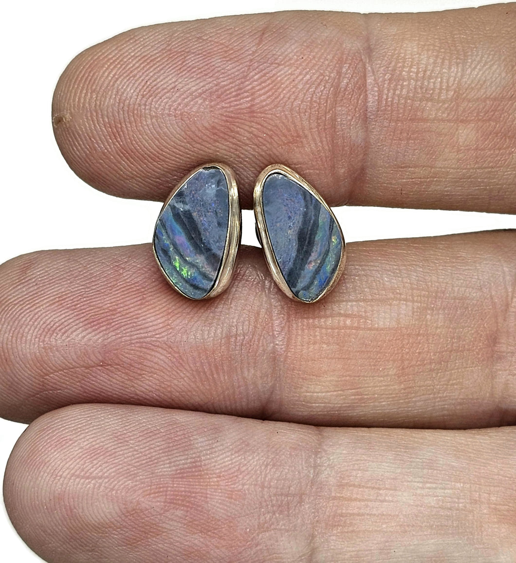 Australian Opal Studs, Sterling Silver, Blue & Green Opal, Doublets, Lucky Gemstone