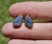 Load image into Gallery viewer, Australian Opal Studs, Sterling Silver, Blue &amp; Green Opal, Doublets, Lucky Gemstone