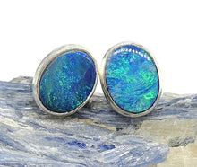 Load image into Gallery viewer, Australian Opal Studs, October Birthstone, Sterling Silver, Blue Green Opal Doublets