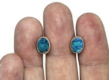 Load image into Gallery viewer, Australian Opal Studs, October Birthstone, Sterling Silver, Blue Green Opal Doublets