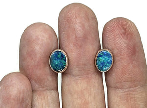 Australian Opal Studs, October Birthstone, Sterling Silver, Blue Green Opal Doublets