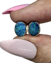 Load image into Gallery viewer, Australian Opal Studs, October Birthstone, Sterling Silver, Blue Green Opal Doublets