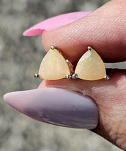 Load image into Gallery viewer, Solid Opal Studs, Trillion Faceted, Sterling Silver, October Birthstone, Pink, Green &amp; Gold