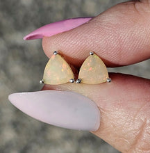 Load image into Gallery viewer, Solid Opal Studs, Trillion Faceted, Sterling Silver, October Birthstone, Pink, Green &amp; Gold