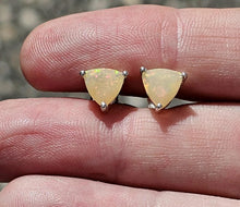 Load image into Gallery viewer, Solid Opal Studs, Trillion Faceted, Sterling Silver, October Birthstone, Pink, Green &amp; Gold