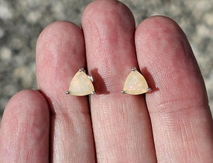 Solid Opal Studs, Trillion Faceted, Sterling Silver, October Birthstone, Pink, Green & Gold