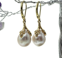 Load image into Gallery viewer, Pearl Earrings, Gold Plated Sterling Silver, Art Nouveau Design, June Birthstone, Natural