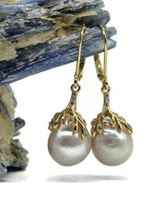 Load image into Gallery viewer, Pearl Earrings, Gold Plated Sterling Silver, Art Nouveau Design, June Birthstone, Natural