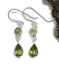 Load image into Gallery viewer, Peridot Earrings, Double Drops, August Birthstone, Sterling Silver, Round &amp; Pear Faceted