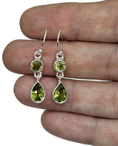 Peridot Earrings, Double Drops, August Birthstone, Sterling Silver, Round & Pear Faceted