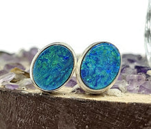 Load image into Gallery viewer, Australian Opal Studs, October Birthstone, Sterling Silver, Blue Green Opal Doublets