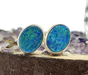 Australian Opal Studs, October Birthstone, Sterling Silver, Blue Green Opal Doublets