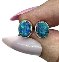 Load image into Gallery viewer, Australian Opal Studs, October Birthstone, Sterling Silver, Blue Green Opal Doublets